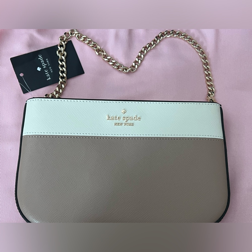 Kate Spade White & Tan Shoulder Bag Madison Pouchette Purse Gold Hardware NWT
